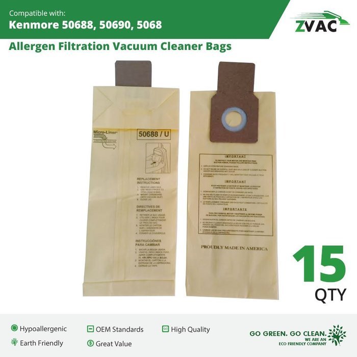 15 Microlined Kenmore 50688, 50690, 5068 Allergen Filtration Vacuum Cleaner Bags - Fits Kenmore 20-5068, 20-50681...