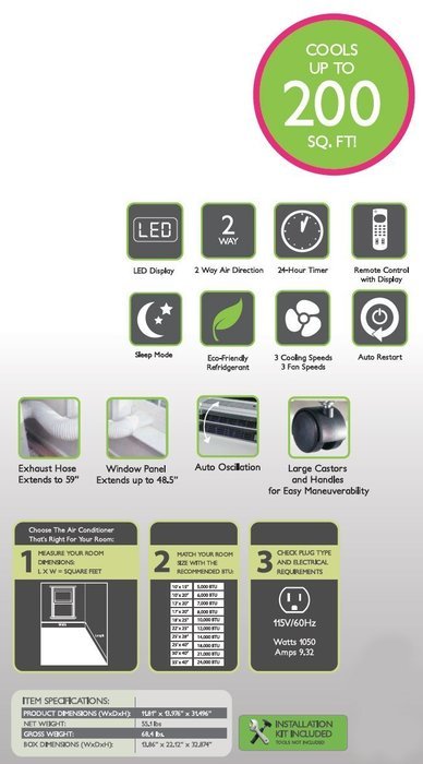 Impecca IPAH14-KS 14,000 BTU Heat & Cool Portable Air Conditioner with Electronic Controls N15
