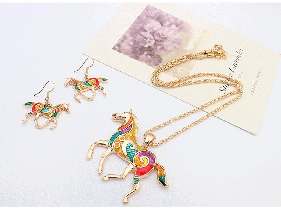 MENGDA Women Jewelry Oil Drip Rainbow Horse Pendant Necklace Earrings Set (WHITE) N9