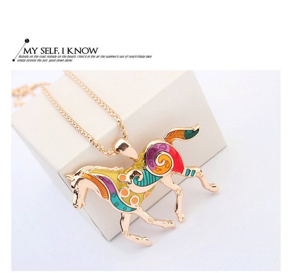 MENGDA Women Jewelry Oil Drip Rainbow Horse Pendant Necklace Earrings Set (WHITE) N10