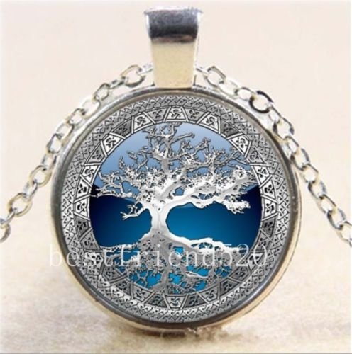 Celtic Silver/Blue Tree Of Life Glass Cabochon Tibet Silver Chain Necklace