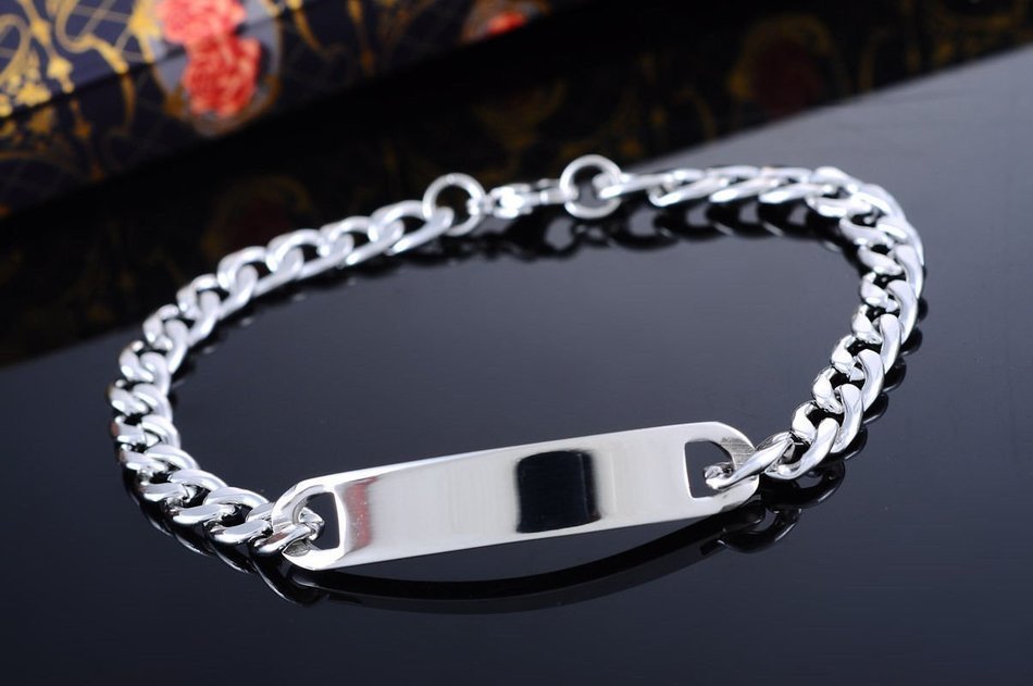 1PC Stainless Steel Silver Tone Cuban Curb Chain ID Bracelet 20cm