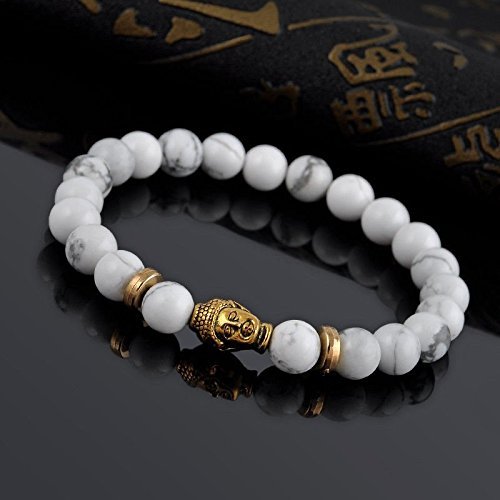 Fashion Men's Natural White Turquoise Stone Bead 8mm Gold Buddha Lucky bracelet N5