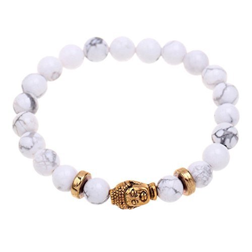 Fashion Men's Natural White Turquoise Stone Bead 8mm Gold Buddha Lucky bracelet N6