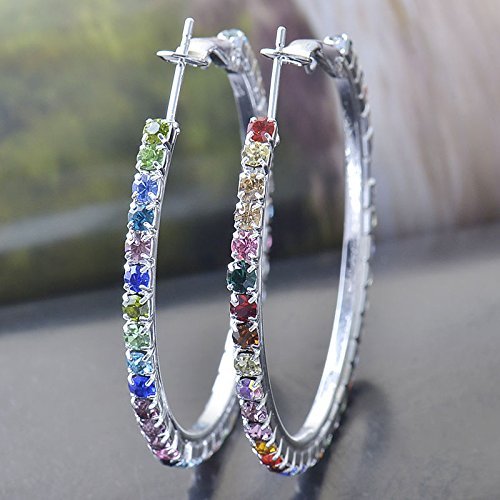 Stunning 925 Silver Plated Rainbow Swarovski Crystal Womens Hoop Earrings N3