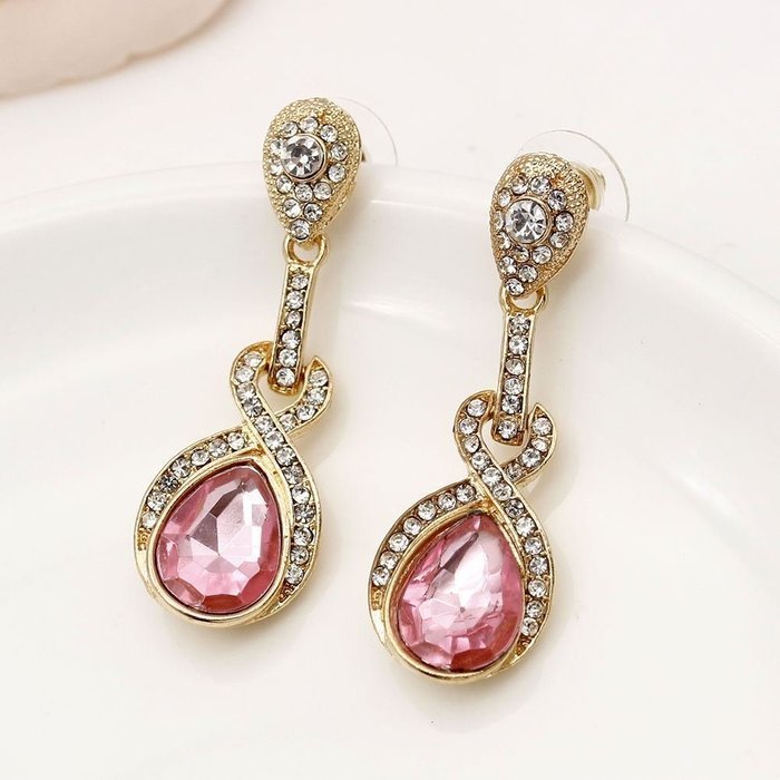 Elegant Pink Crystal Waterdrop Pendant Necklace&Earrings Party Gold Jewelry Set N3