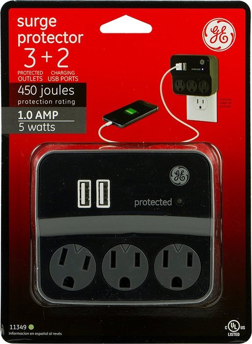 GE 14512 Surge Tap, 3 Outlets, 450J, USB, 2 Ports, 1.0A, White