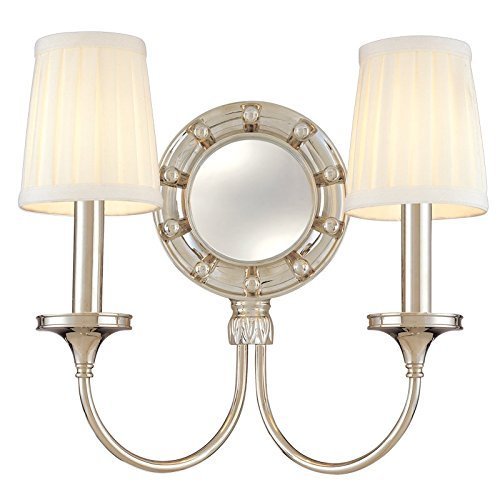 Hudson Valley Lighting Regent 2-Light Mirrored Wall Sconce - Polished Nickel Finish with Off White Faux Silk Shade...