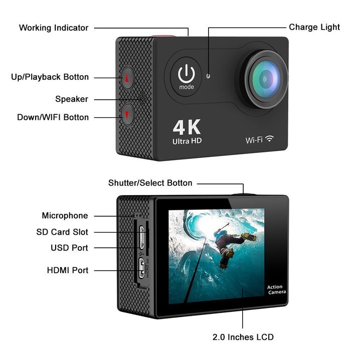 Action Camera, D158 4K Sport Camera Full HD 1080P 2.0 Inch Display Wide Angle Wifi Mini Camera N2