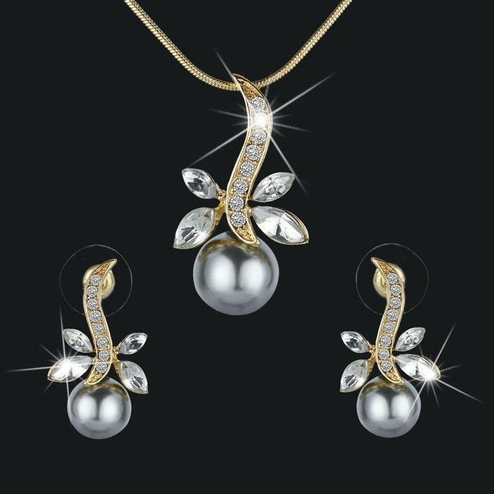 Rhinestone Dragonfly Gray Pearl Jewelry Set Necklace Earring Stylish Women Gold N2