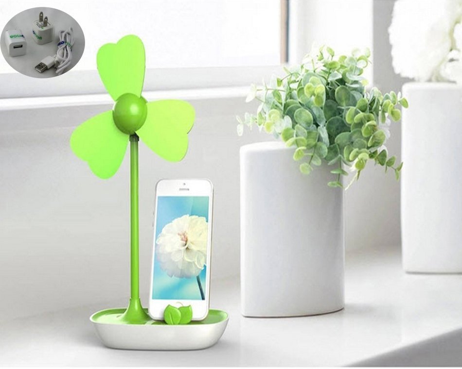 Glovion Four-leaf Clover EVA Soft Blade USB Mini Desktop Fan with Phone Holder and Ac Adapter (Pink) N11