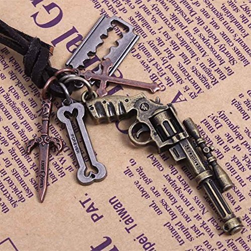 Catchnew&reg; Gun Necklace Retro Revolver Pistol Cow Leather Cord Pendant Long Necklace N2