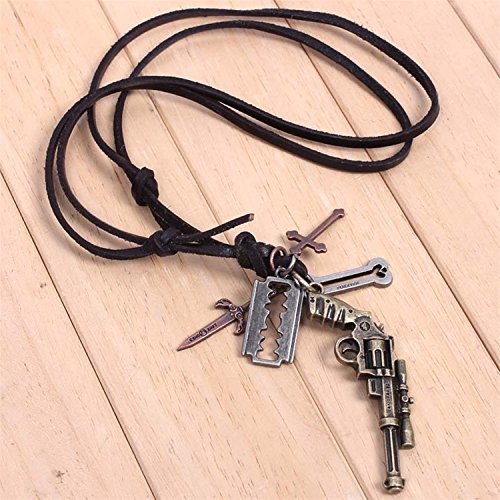 Catchnew&reg; Gun Necklace Retro Revolver Pistol Cow Leather Cord Pendant Long Necklace N3