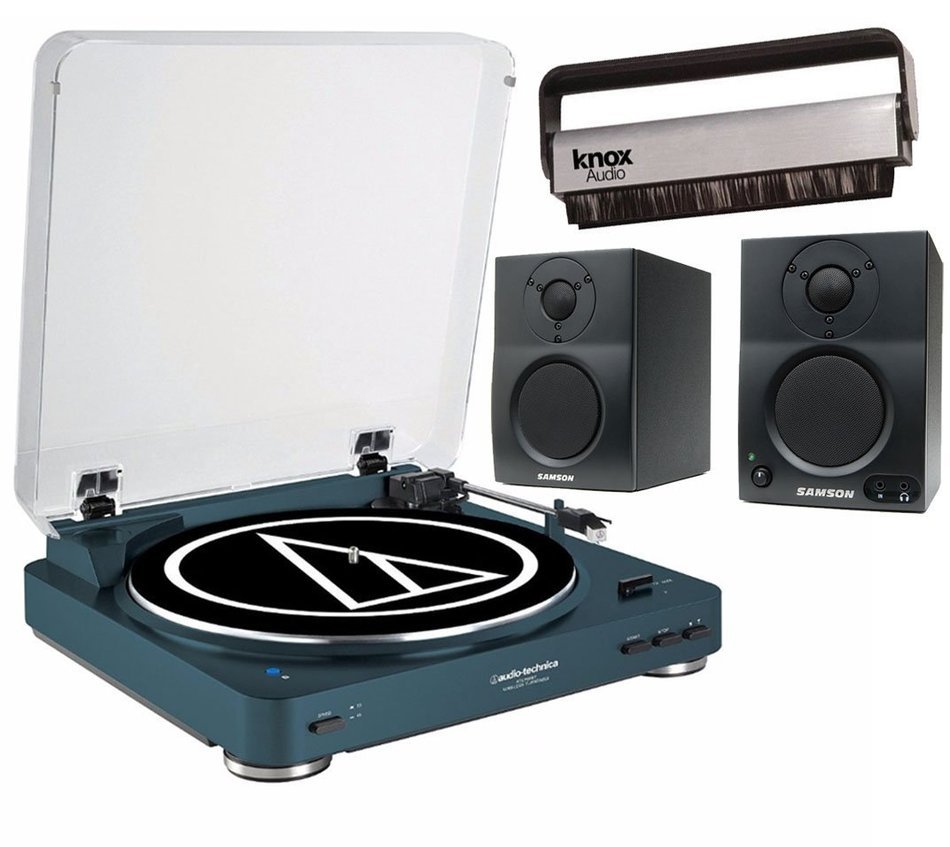Audio Technica AT-LP60NV-BT Automatic Bluetooth Turntable (Navy) w/ Samson BT3 Monitors & Knox Carbon Fiber Brush