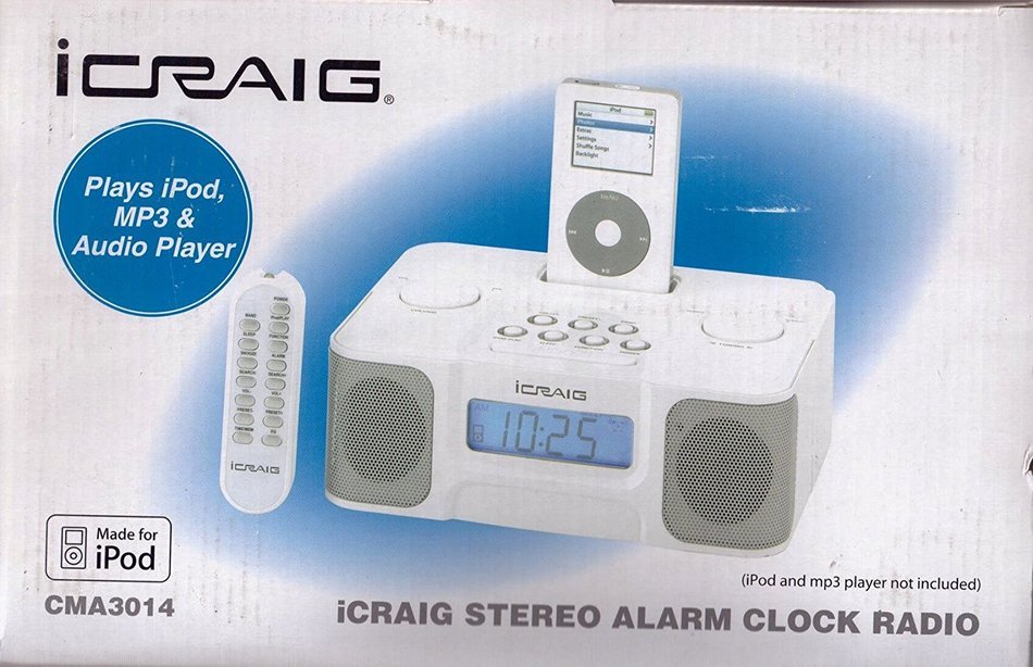 iCraig CMA3014 Alarm Clock Radio Speaker System w/Dock Connector for iPod (White) - Powers and Charges Your iPod