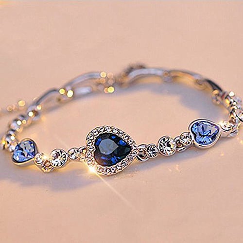 New Fashion Cute Women Blue Crystal Rhinestone Heart Charm Bangle Bracelet Gift N4
