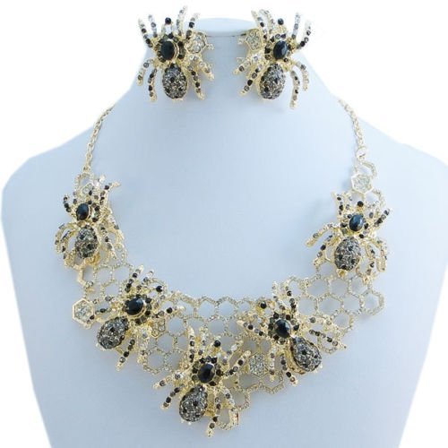 Halloween Insect 5 Spider Necklace Earrings Set Black Rhinestone Crystal Gold N4