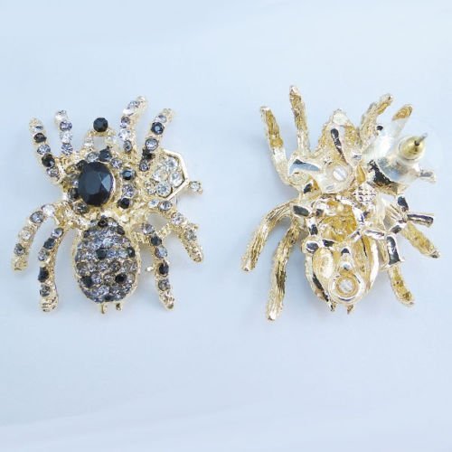 Halloween Insect 5 Spider Necklace Earrings Set Black Rhinestone Crystal Gold N5