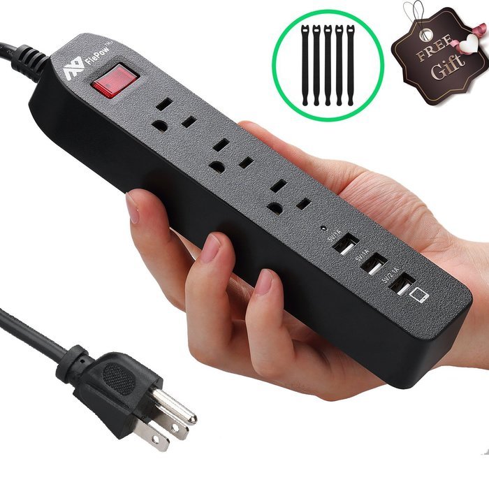 FlePow 1250W/10A 3-Outlet Power Strip with 3 USB Charging Ports N6