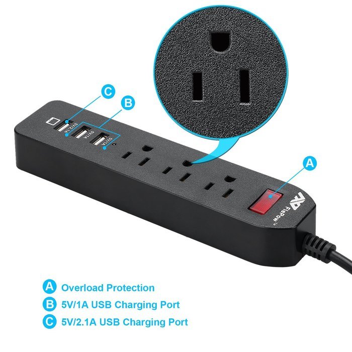 FlePow 1250W/10A 3-Outlet Power Strip with 3 USB Charging Ports N7