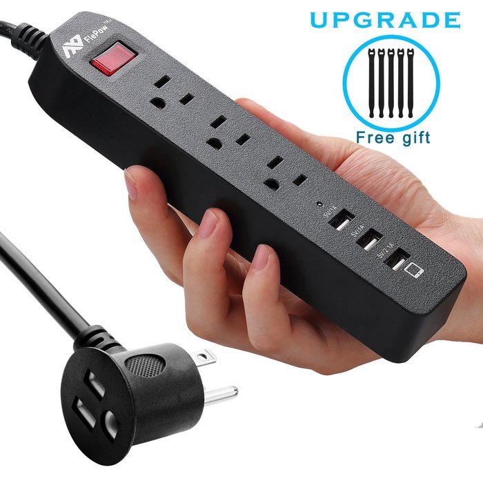 FlePow 1250W/10A 3-Outlet Power Strip with 3 USB Charging Ports N8