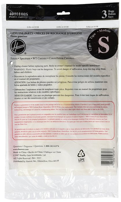 Hoover 4010100S Type S Allergen Bag - 3 Pack