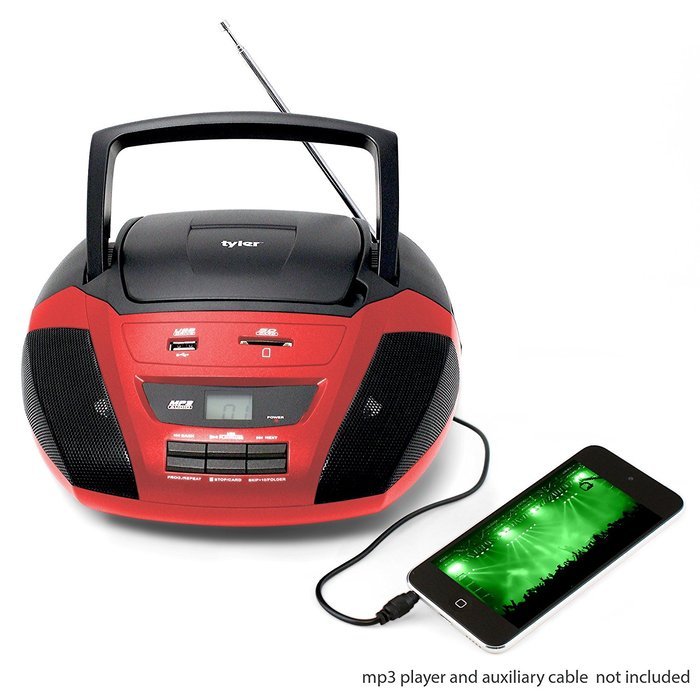 Tyler Portable Stereo MP3/CD Boombox Player TAU102-RD with Mega Bass Sound, Text Display, AM/FM Stereo, USB/SD... N3