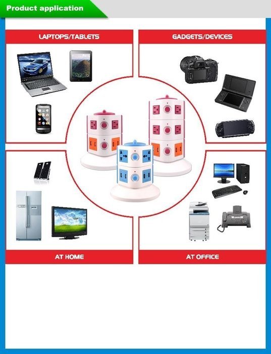 Universal Power Tower 4 Outlets + 8 USB - 100v / 220v/250v and 2550 Watts Surge Protector - With Circuit Breaker... N2
