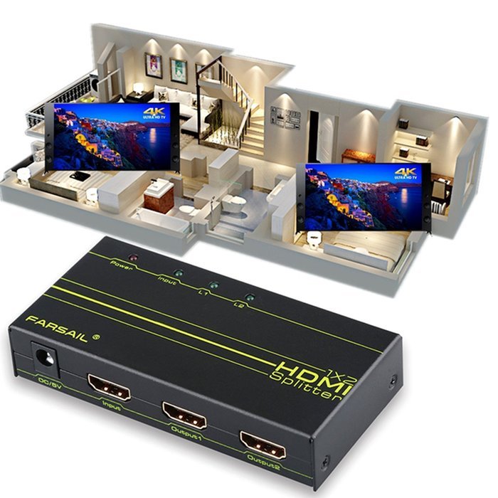 FarSail 1 to 2 HDMI Splitter Powered Amplified Signal Distributor Support 4K 2160p N3