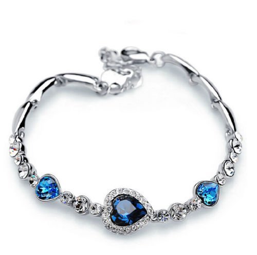 New Fashion Cute Women Blue Crystal Rhinestone Heart Charm Bangle Bracelet Gift N5