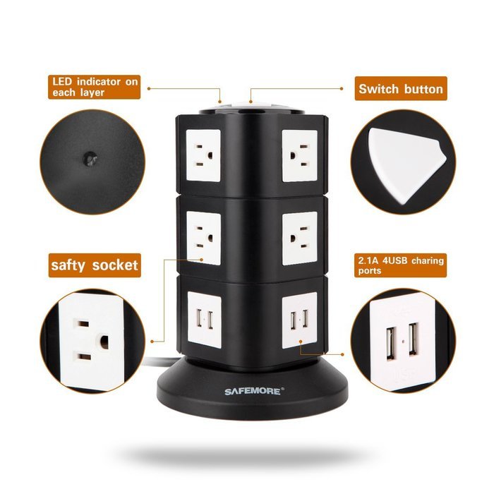 Power Strip, Safemore Smart 6-Outlet with 4-USB Surge Protection Power Socket 4000W 110-250V Worldwide Voltage... N5