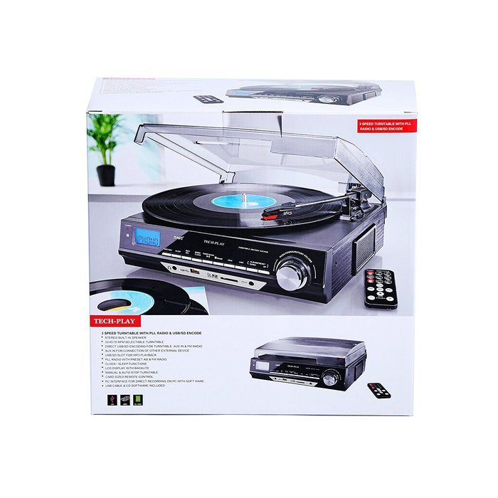 TechPlay ODC18-BS 3-Speed Turntable W/SD USB, MP3 Encoding System and AM/FM Stereo Radio & built-in speakers N2