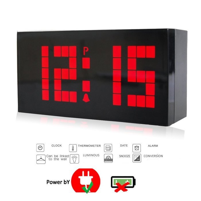 T Tocas Large Big Number LED Snooze Wall Desk Alarm Clock Thermometer Date Display (Blue) N17
