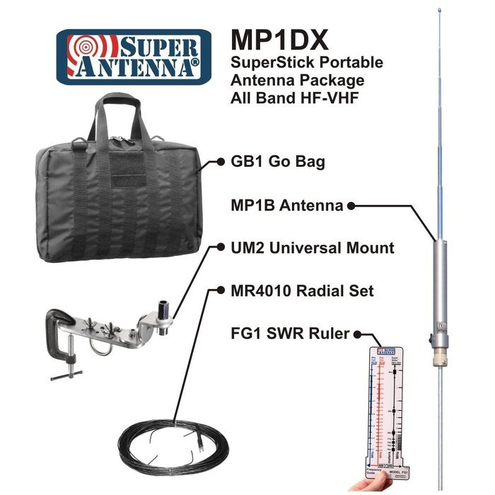 Super Antenna MP1DX HF Portable All Band MP1 Antenna SuperStick with Clamp Mount and Go Bag ham radio amateur N2