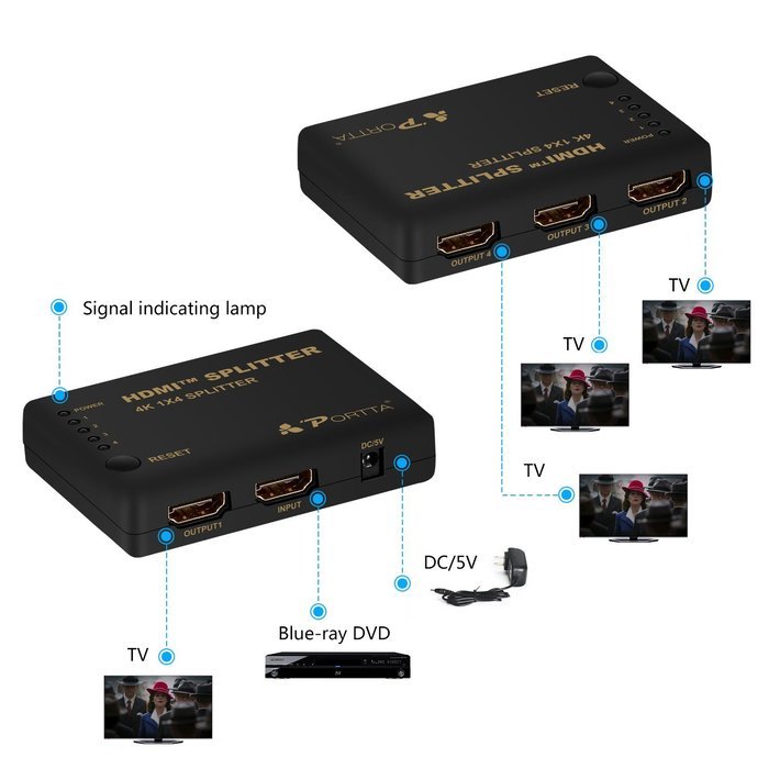 Portta 4PET0104 HDMI Splitter 4 Port 1x4 v1.4 with 340MHz and 4k x 2k support Full 3D Uncompressed Compressed... N4