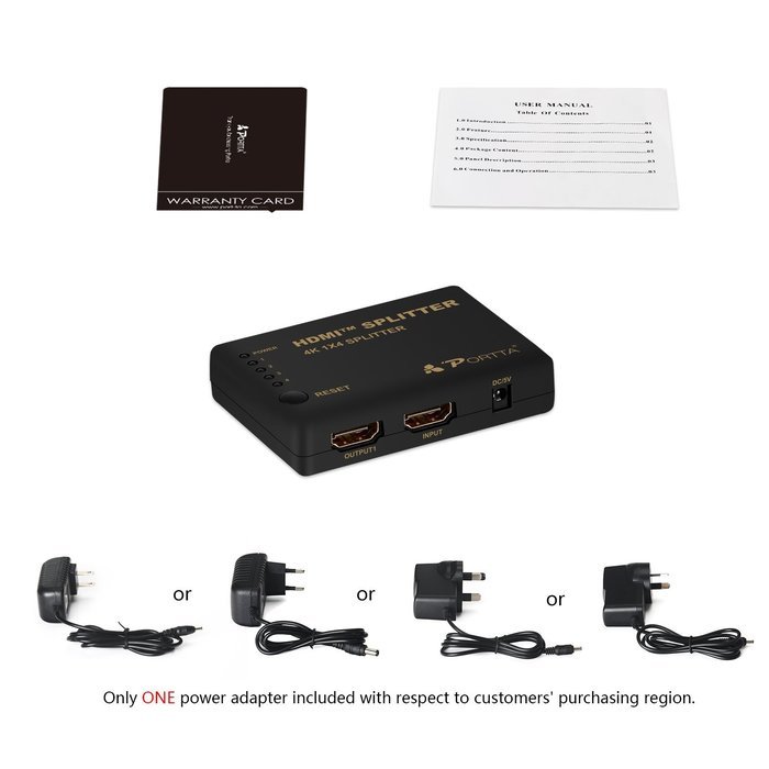 Portta 4PET0104 HDMI Splitter 4 Port 1x4 v1.4 with 340MHz and 4k x 2k support Full 3D Uncompressed Compressed... N6