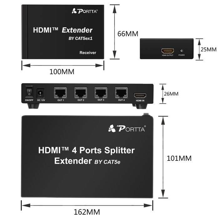 Portta 4PET0104 HDMI Splitter 4 Port 1x4 v1.4 with 340MHz and 4k x 2k support Full 3D Uncompressed Compressed... N7