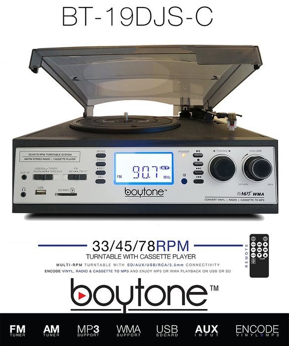 Boytone BT-19DJS-C 3-speed Turntable, 2 Built in Speakers Large Digital Display AM/FM, Cassette, USB/SD/AUX/MP3... N4