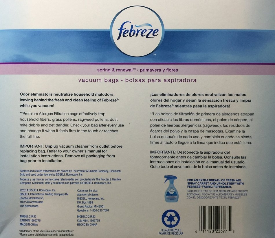 Febreze Odor Eliminating Vacuum Bags, Kenmore C 5055 & 50558, 3 bags, 2 Pack (6 Total Bags) N2