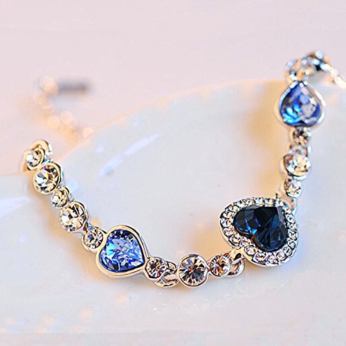 New Fashion Cute Women Blue Crystal Rhinestone Heart Charm Bangle Bracelet Gift N6