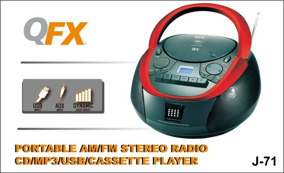 QFX J-71 Portable Top-loading CD/Cassette/MP3 Stereo Player and AM/FM Radio