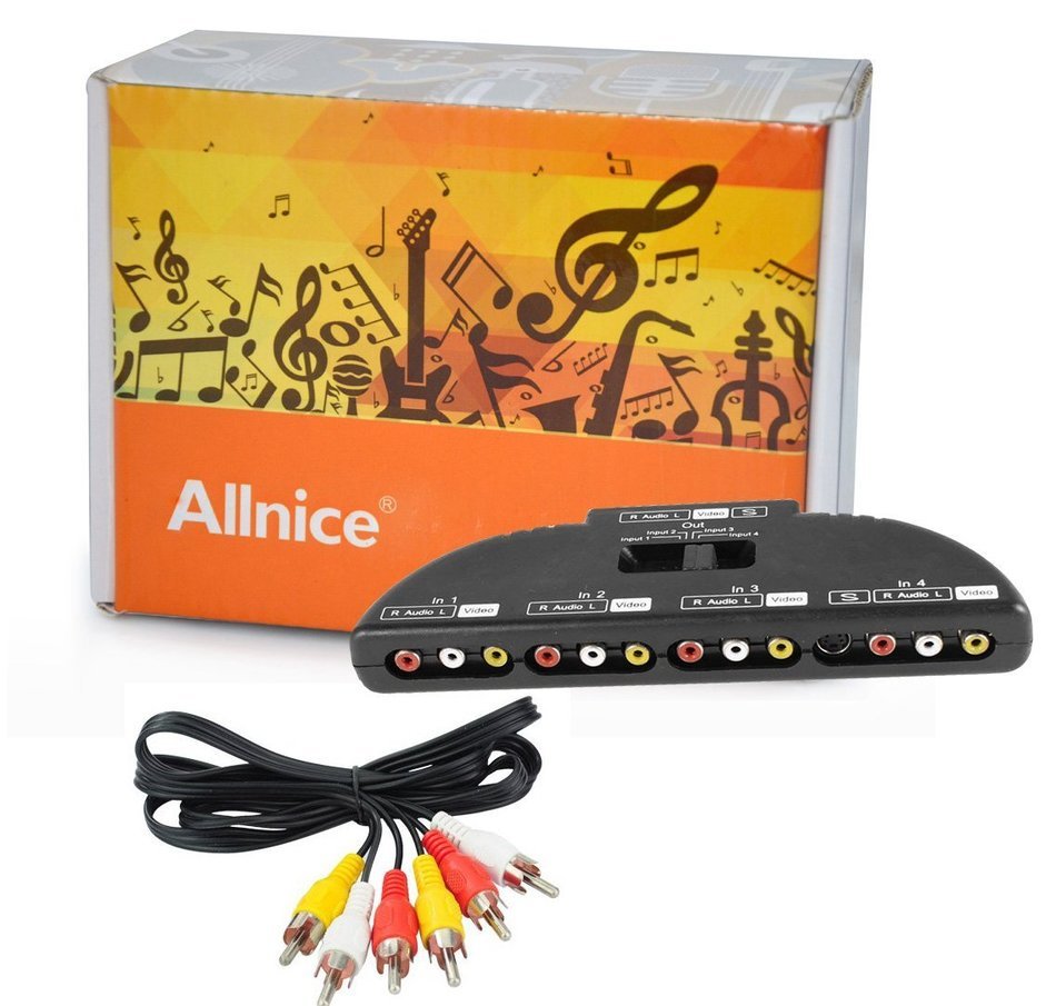 Allnice&reg; 4 Way Audio Video AV Switch Switcher 4 Input 1 Output Selector Splitter Box with RCA Cable N3