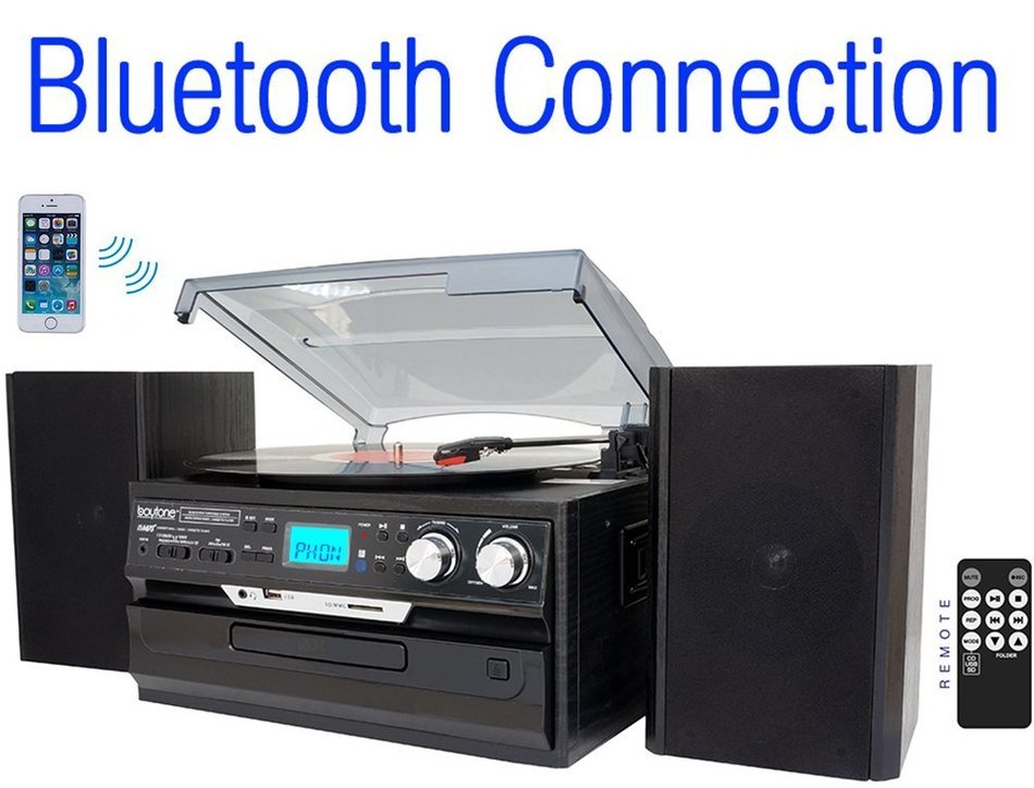 7-in-1 Boytone BT-24DJB Turntable with Bluetooth Connection, 3 Speed 33, 45, 78 Rpm, CD, Cassette Player AM, FM... N6