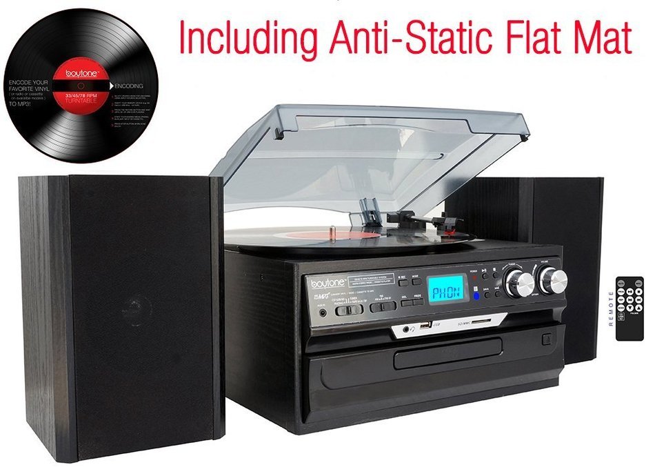 7-in-1 Boytone BT-24DJB Turntable with Bluetooth Connection, 3 Speed 33, 45, 78 Rpm, CD, Cassette Player AM, FM... N7