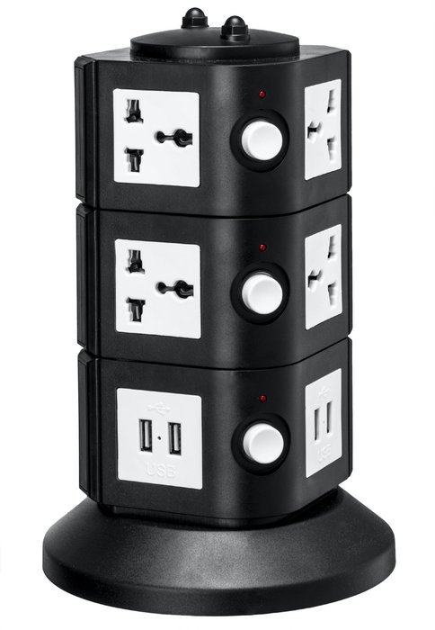 Universal Power Tower 4 Outlets + 8 USB - 100v / 220v/250v and 2550 Watts Surge Protector - With Circuit Breaker... N3
