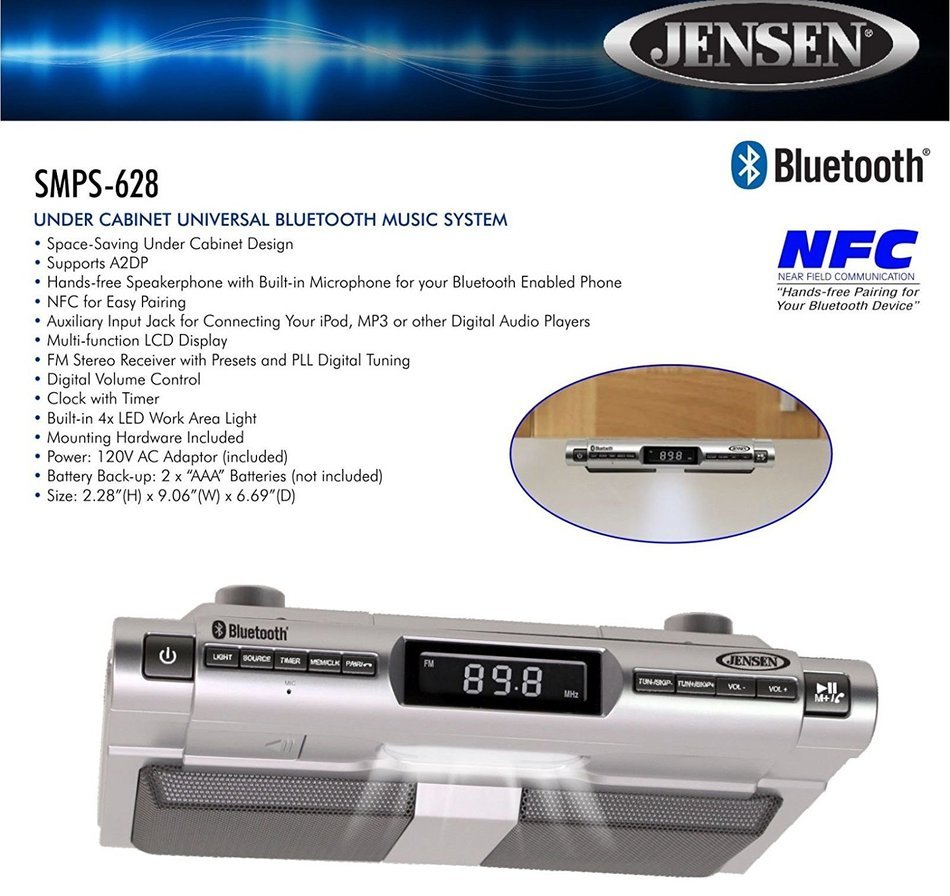 Jensen Under Kitchen Cabinet Bluetooth FM Stereo Radio Music System New SMPS-628 N3
