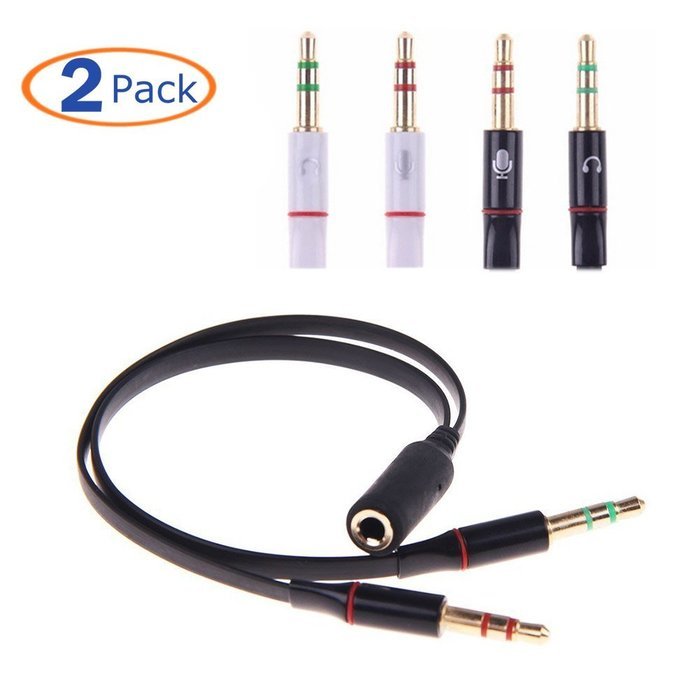 Conwork 2-Pack Gold Plated 3.5mm Stereo Female to 2-male Y-splitter Audio Flat Cable -Black