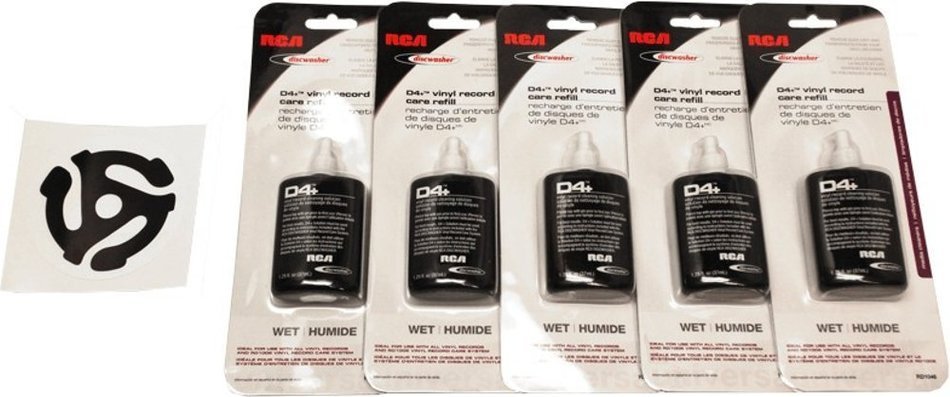 (5) RD1046 RCA Discwasher Record Cleaning D4 Plus Fluid Refill Bottles and Bonus 45RPM Record Adapter Sticker