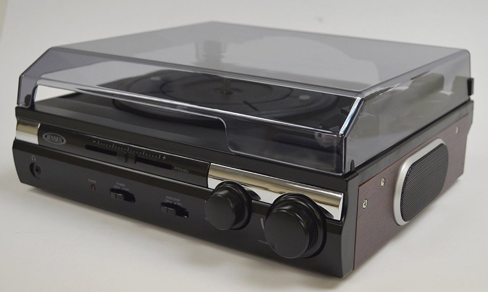 Jensen JTA-230SE 3-Speed Stereo Turntable with Built-in Speakers and Speed Adjustment, Mahagony N5