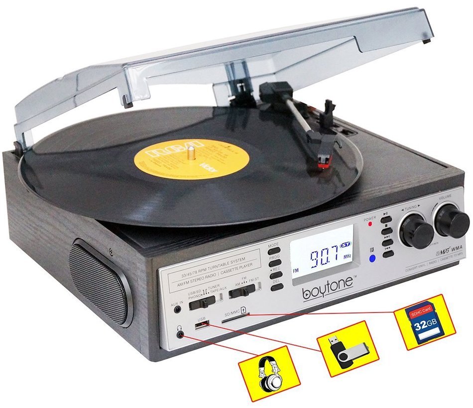 Boytone BT-19DJS-C 3-speed Turntable, 2 Built in Speakers Large Digital Display AM/FM, Cassette, USB/SD/AUX/MP3... N5